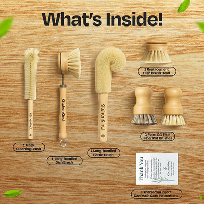 Set 6 cepillos cocina bambú cerdas naturales asa madera
