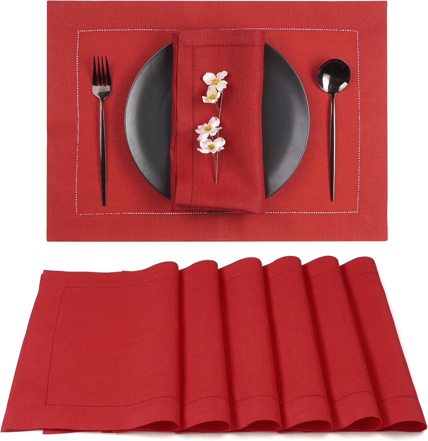 Set 6 Manteles Lino Rojo Claro 14x19pulg Doblado