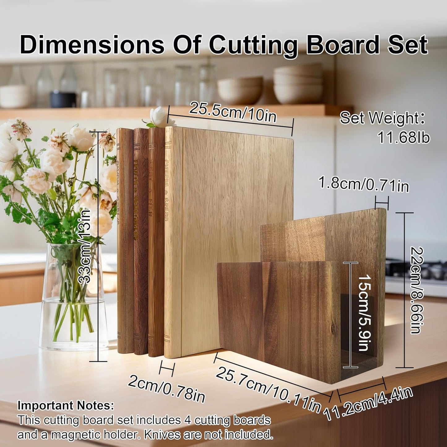 Set 4 Tablas Cortar Madera Maciza Soporte Magnético Cuchillos