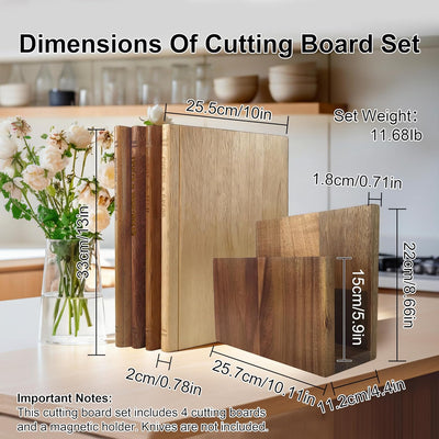 Set 4 Tablas Cortar Madera Maciza Soporte Magnético Cuchillos