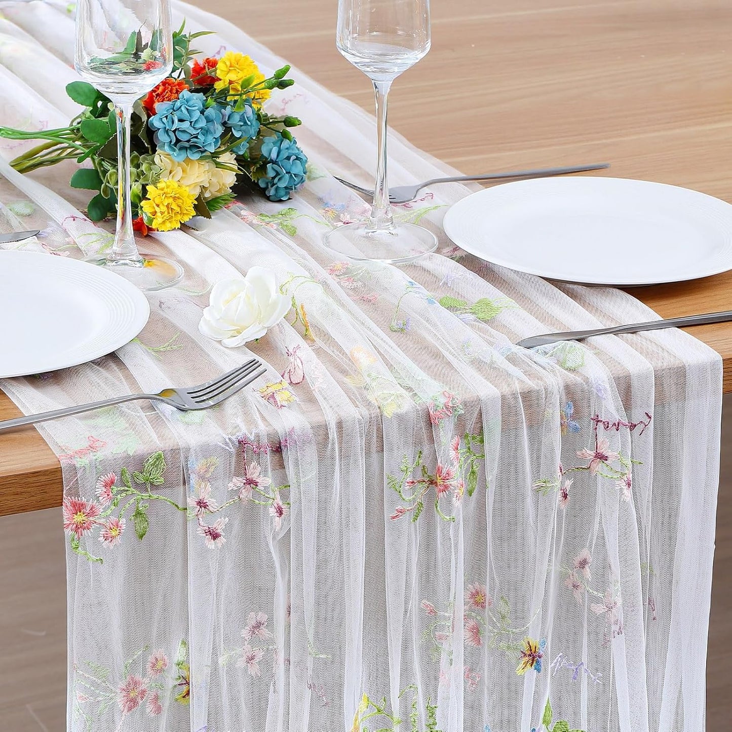 Camino mesa floral tul bordado 10ft primavera verano