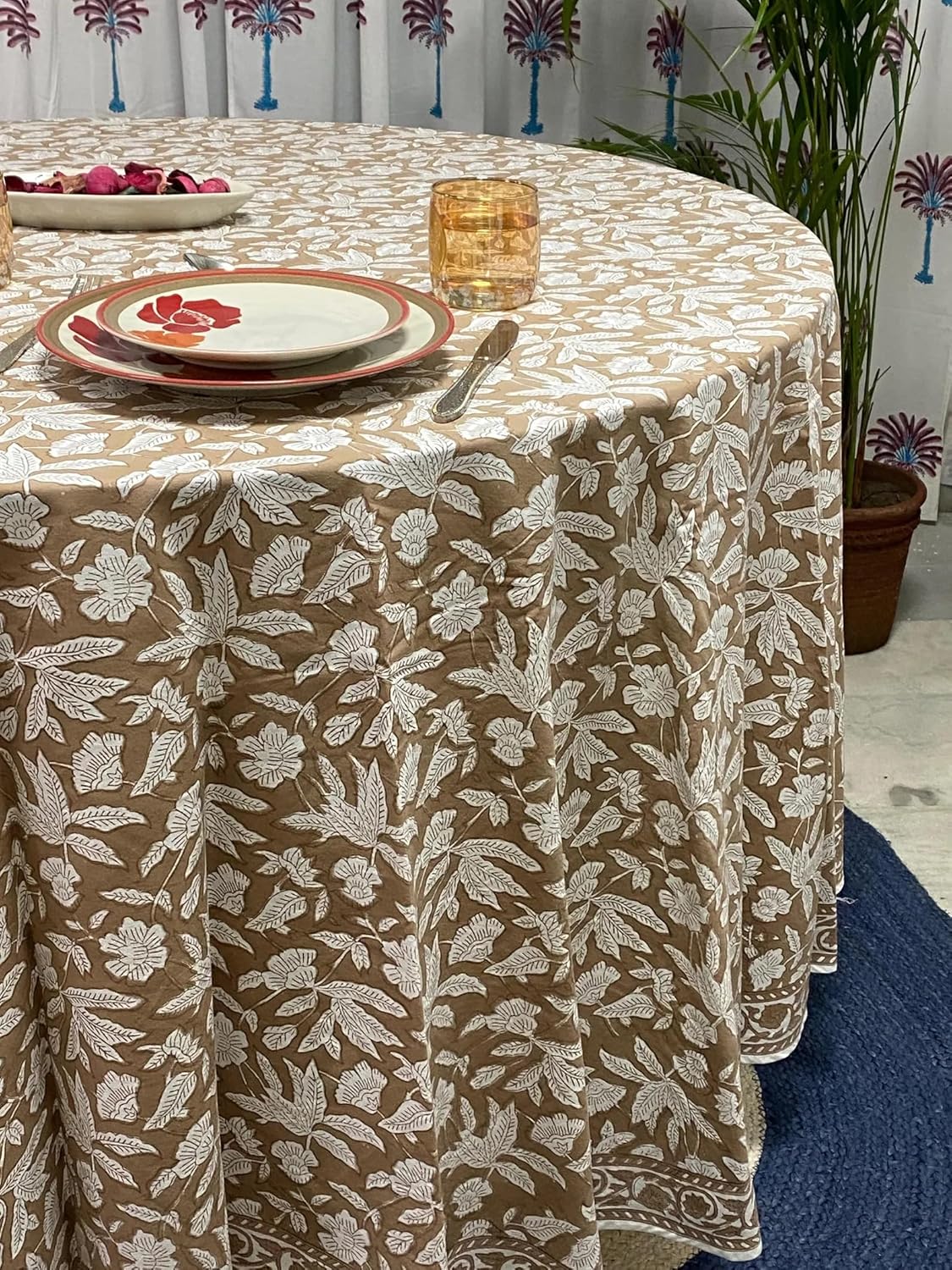 Mantel redondo 60pulg estampado bloques algodón marrón