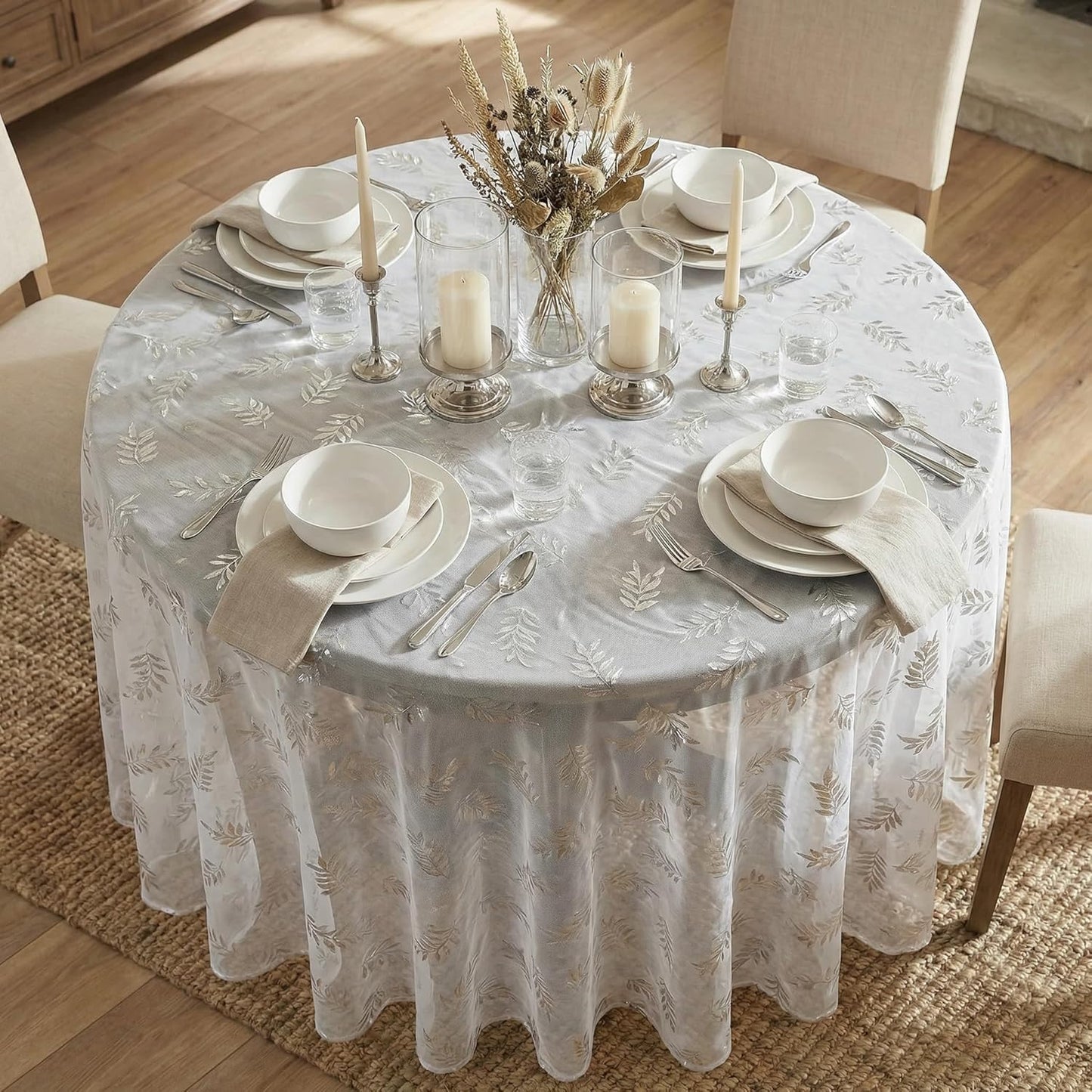 Mantel de gasa brillante blanca 60 x 60 pulgadas redondo con lentejuelas plateadas y purpurina