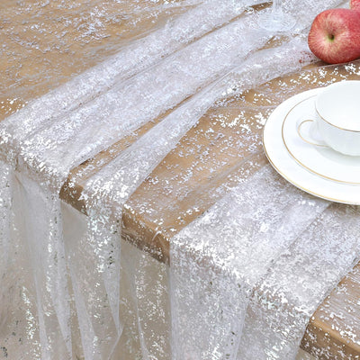 Mantel rectangular de gasa blanco 58 x 84 pulgadas con purpurina y lámina plateada