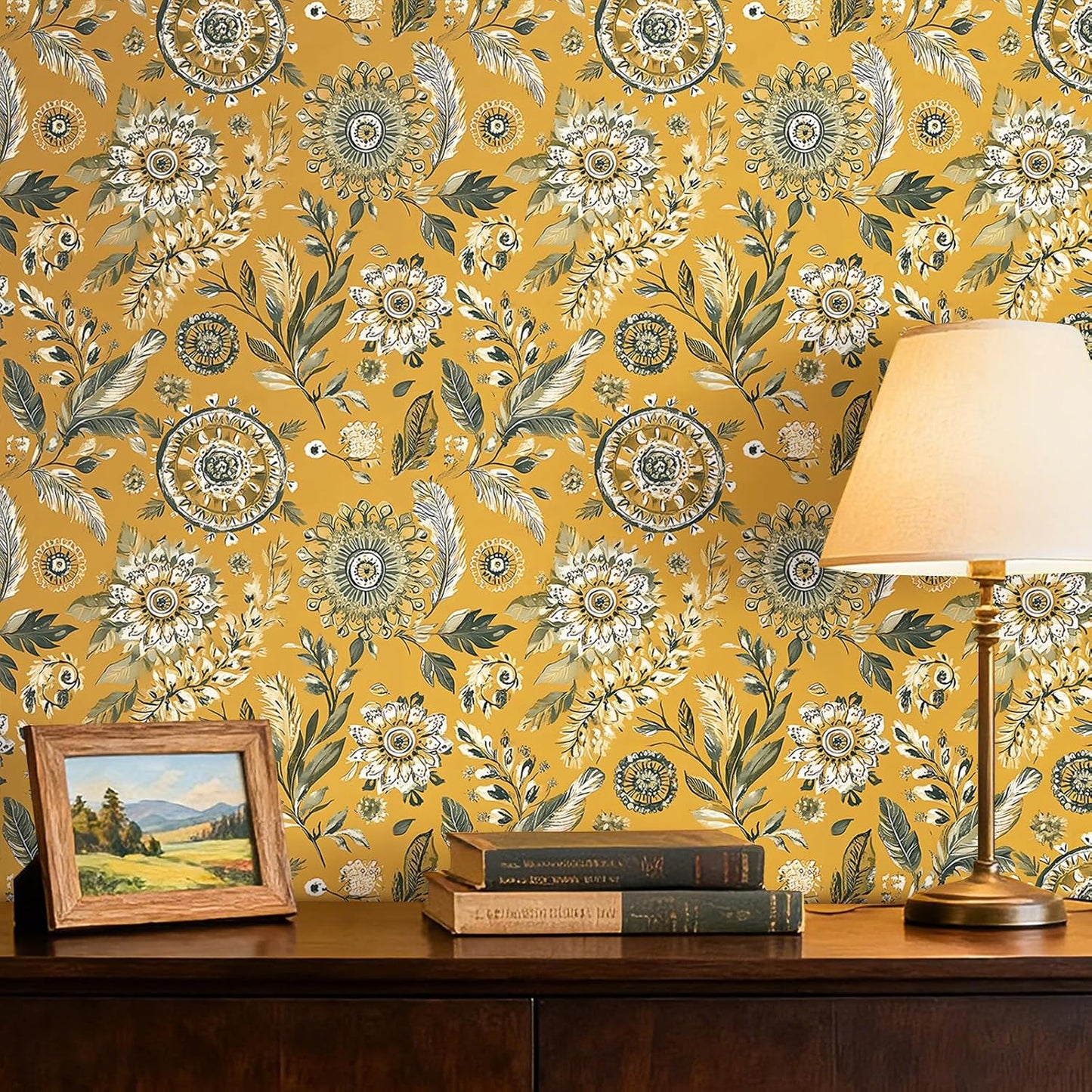 Papel tapiz floral bohemio amarillo mostaza despegar y pegar