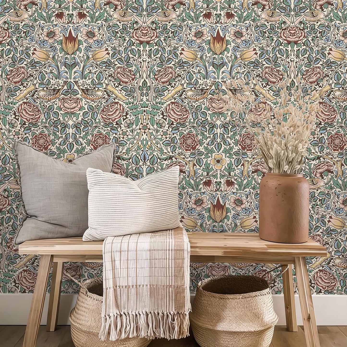 Papel tapiz vintage floral William Morris 17.7x118pulg autoadhesivo
