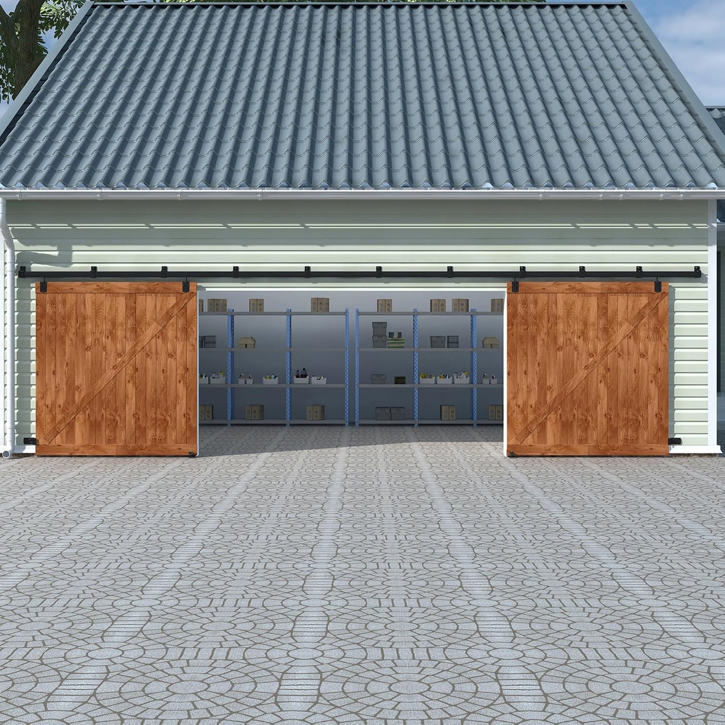 Kit herrajes puerta granero 20ft 2 puertas riel 11 soportes