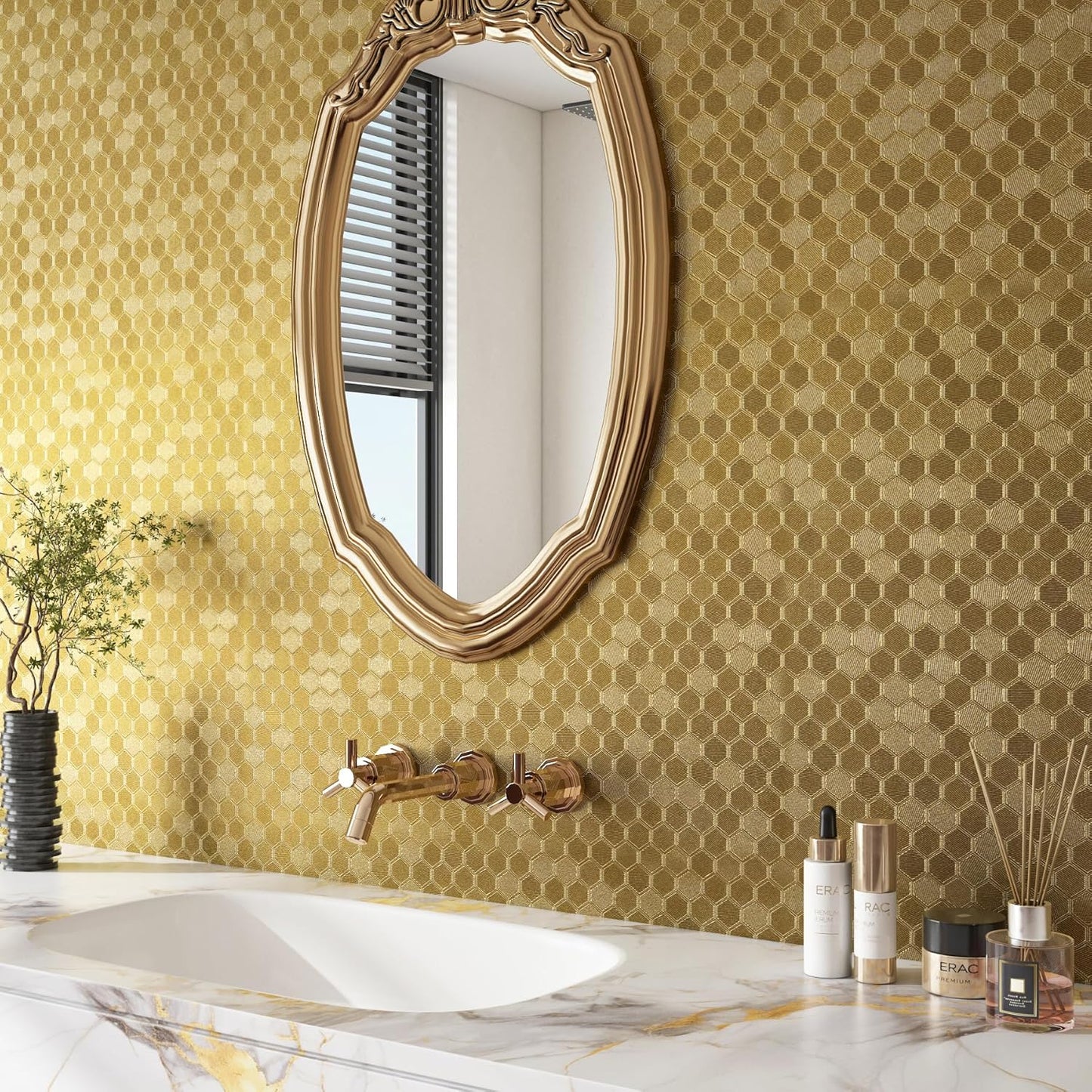 Papel tapiz dorado adhesivo extraíble textura hexagonal