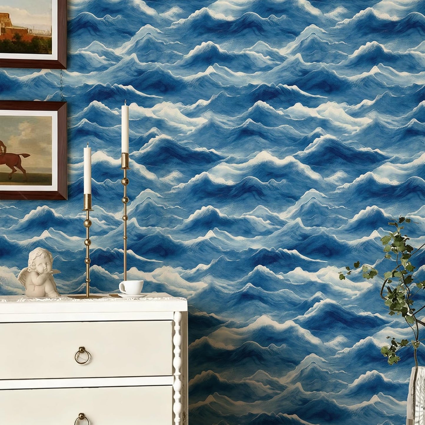 Papel tapiz autoadhesivo ondulado azul y blanco dormitorio
