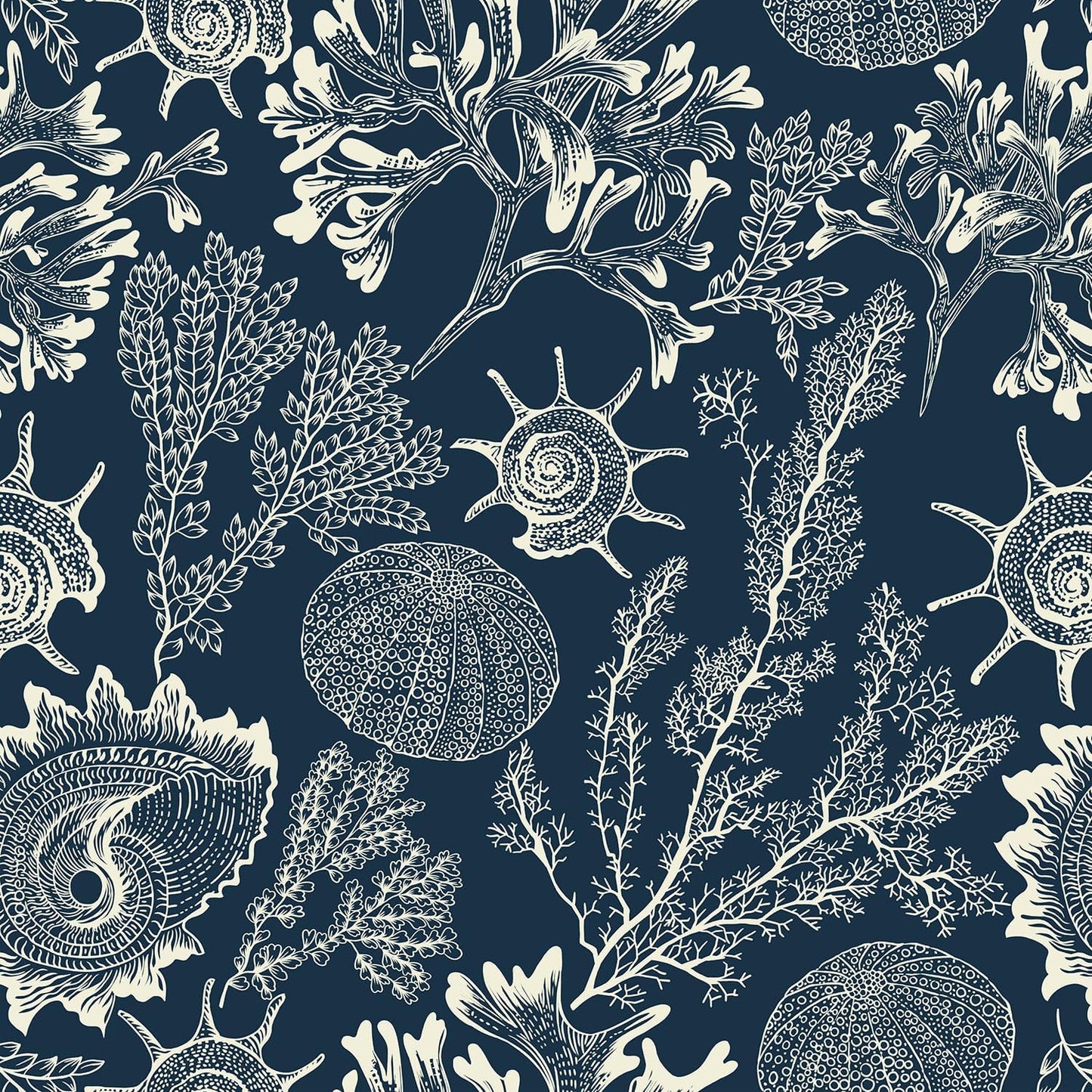 Papel tapiz autoadhesivo azul oscuro concha algas 17.3x197pulg