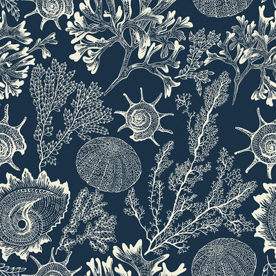 Papel tapiz autoadhesivo azul oscuro concha algas 17.3x197pulg