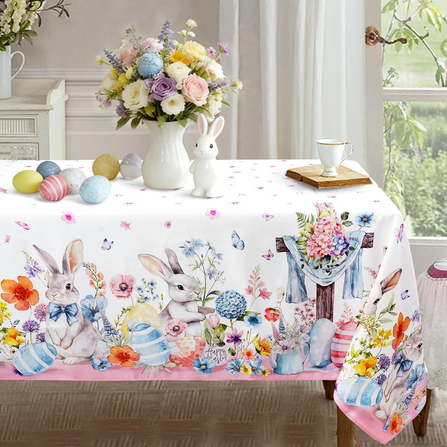 Mantel rectangular de Pascua 60 x 84 pulgadas con diseño de huevos de conejo y flores silvestres