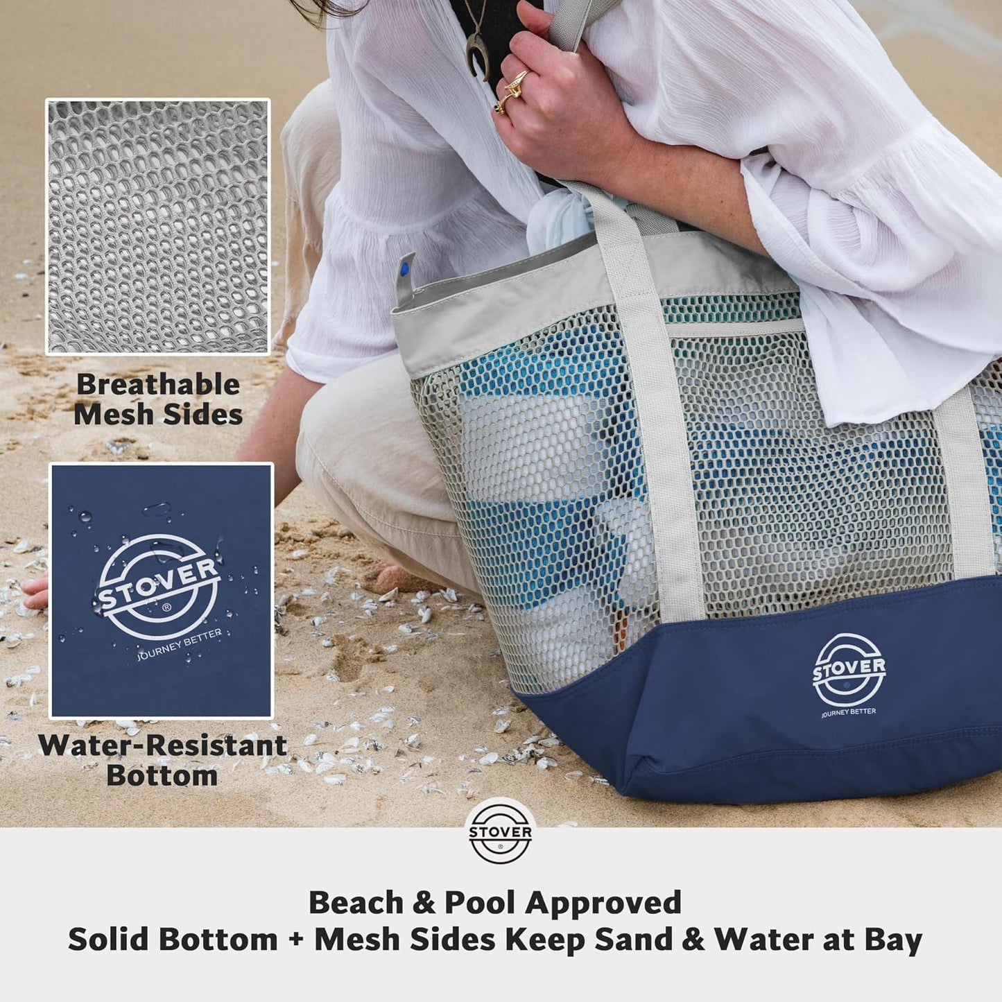 Bolsa playa malla plegable con bolsillos para viaje