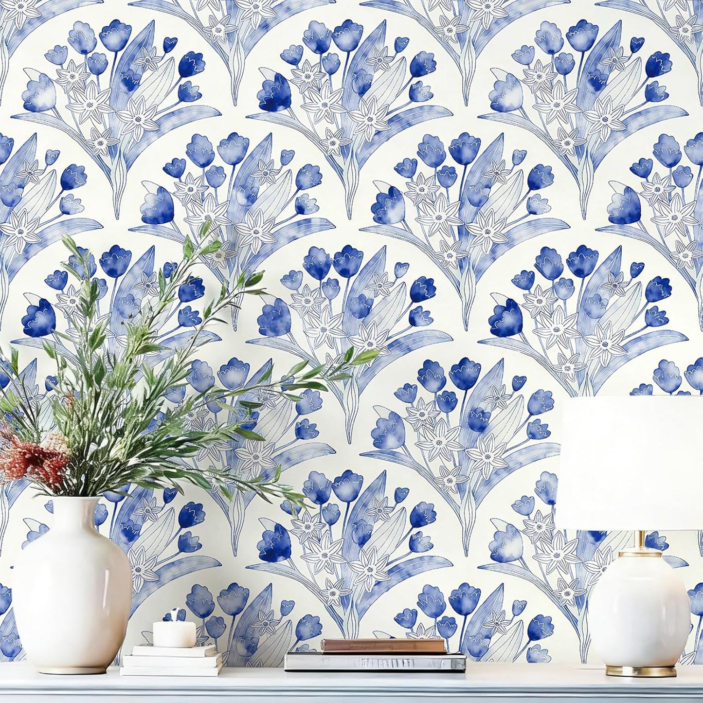 Papel tapiz floral azul autoadhesivo 16.9x118.1pulg