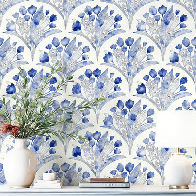 Papel tapiz floral azul autoadhesivo 16.9x196.8pulg baño