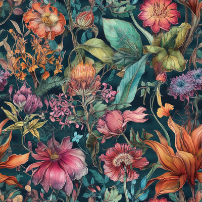 Papel tapiz floral vintage botánico verde azul rosa