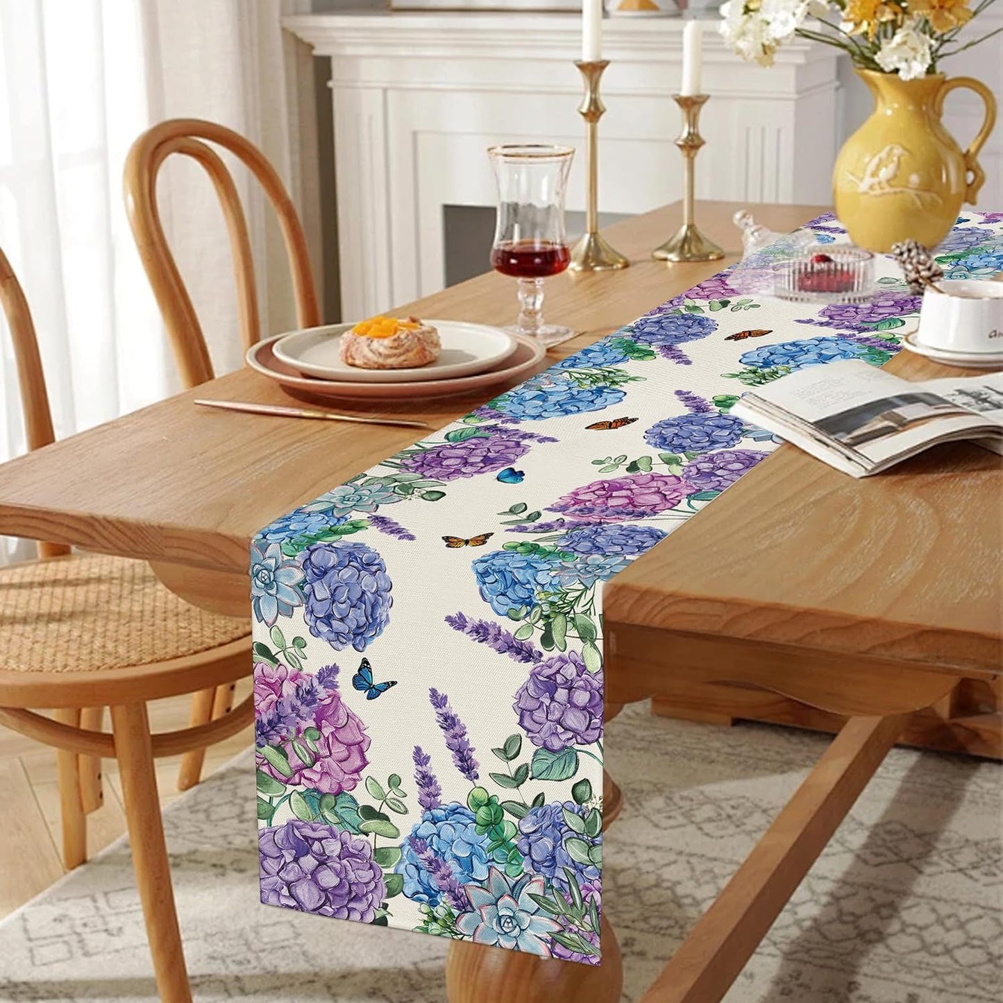 Camino mesa floral hortensias 13x72pulg decoración hogar