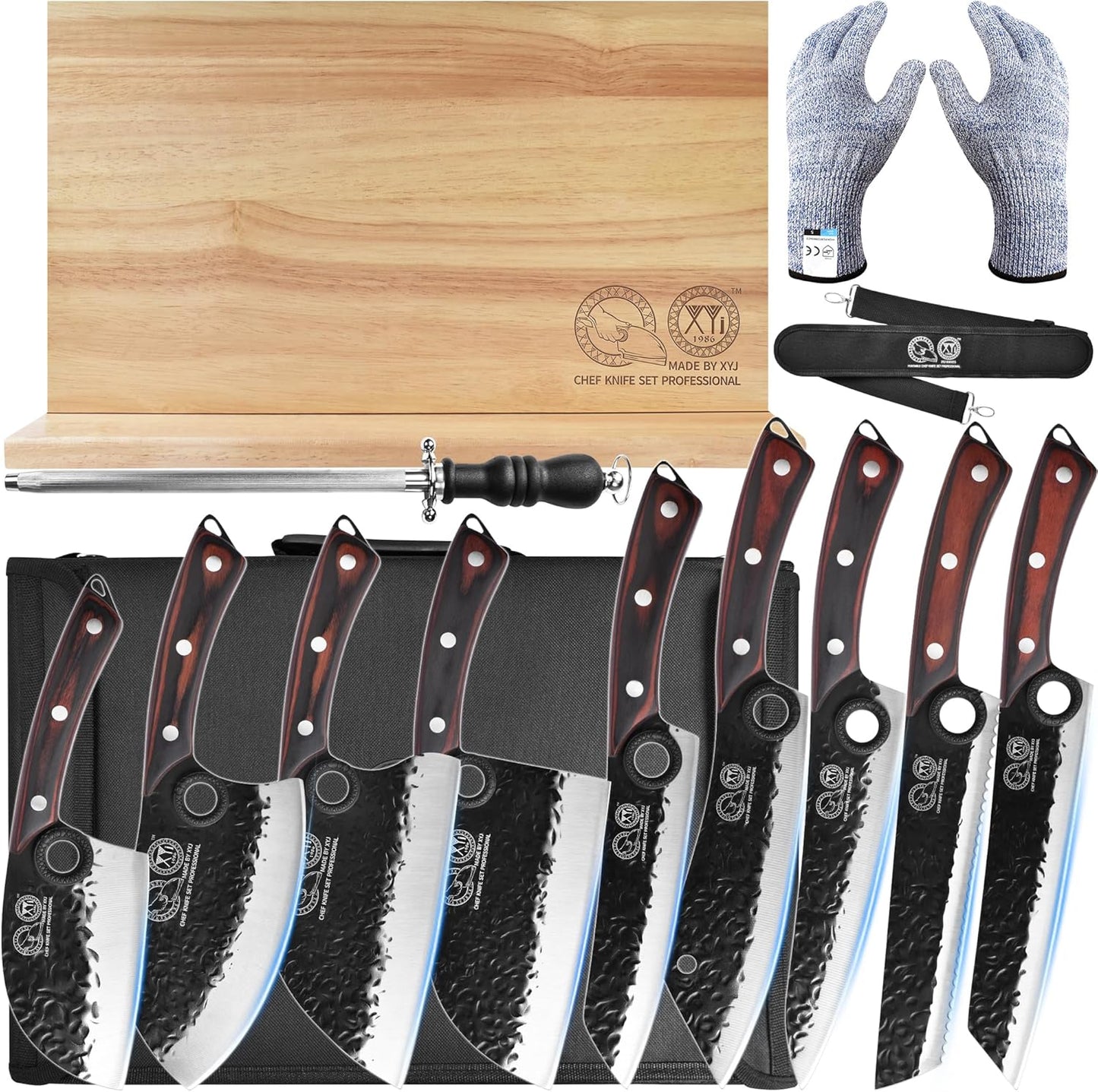 Set 9 Cuchillos cocina acero alto carbono con bloque imán y guantes
