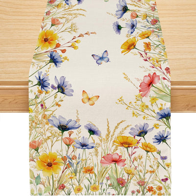 Camino de mesa colorido con flores silvestres y mariposas para decorar cocina o comedor