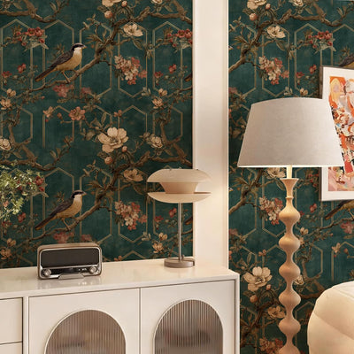 Papel tapiz estilo chino retro pájaros floral 17.7x118pulg