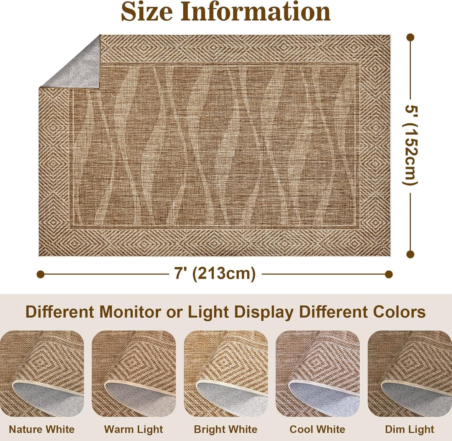 Alfombra yute 5x7ft antideslizante con borde goma para interiores