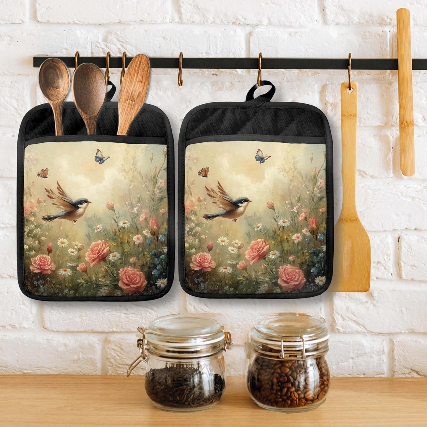 Porta Ollas Florales Rusticas con Bolsillos para Cocina