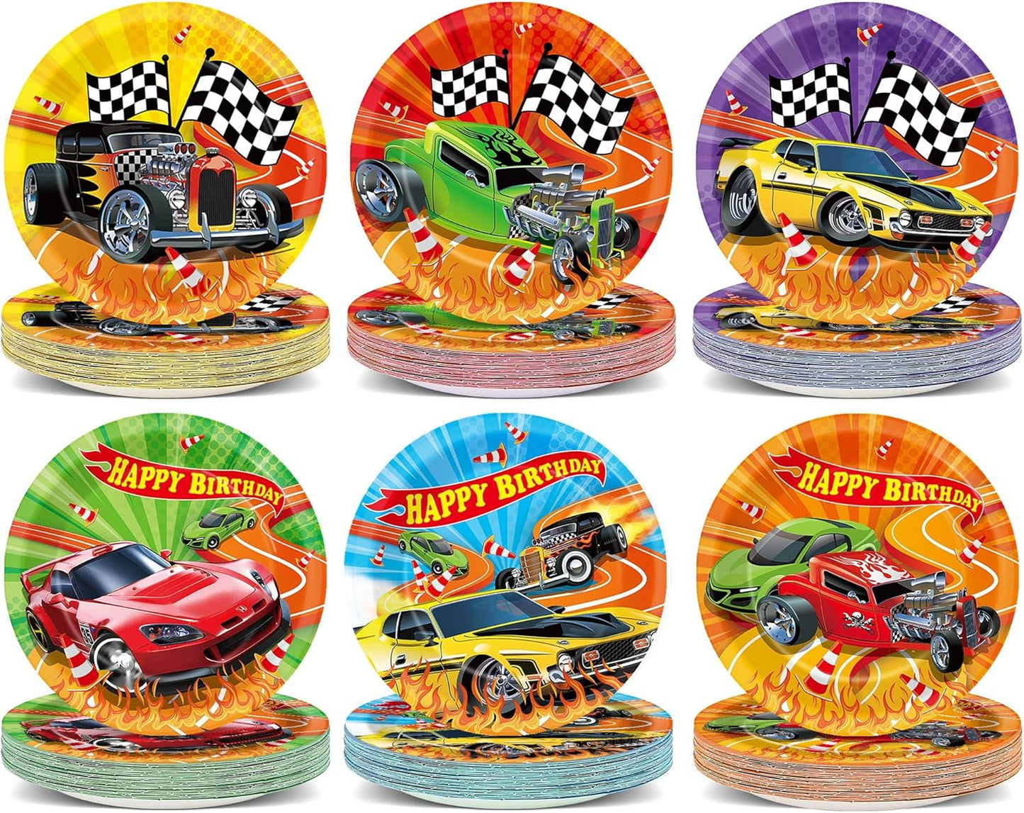 Suministros de fiesta de cumpleaños con coches de carreras y decoraciones coloridas