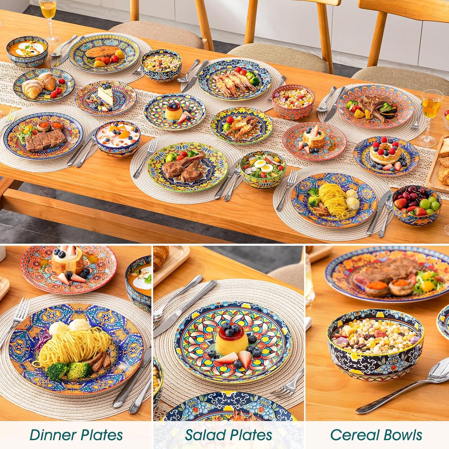 Set 18 Pzas Vajilla y 6 Tazones Sopa Porcelana Colorida 32oz