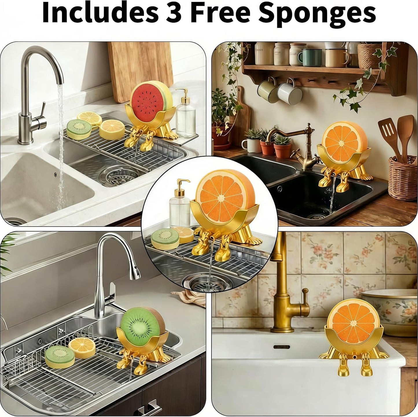 Soporte esponjas frutas 3D dorado con drenaje cocina