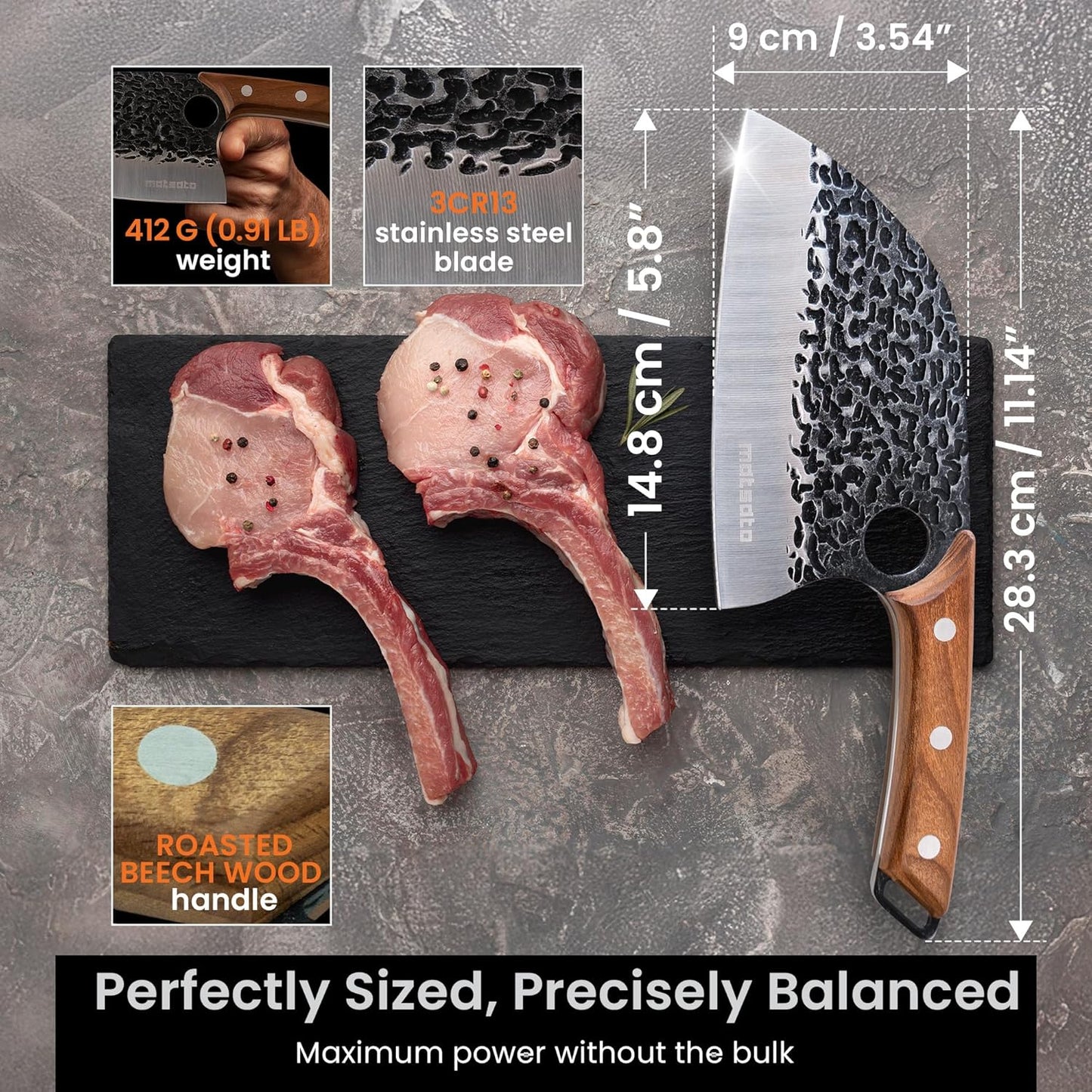 Set Cuchillos Chef Acero Inox Hoja Martillada Ergonómico