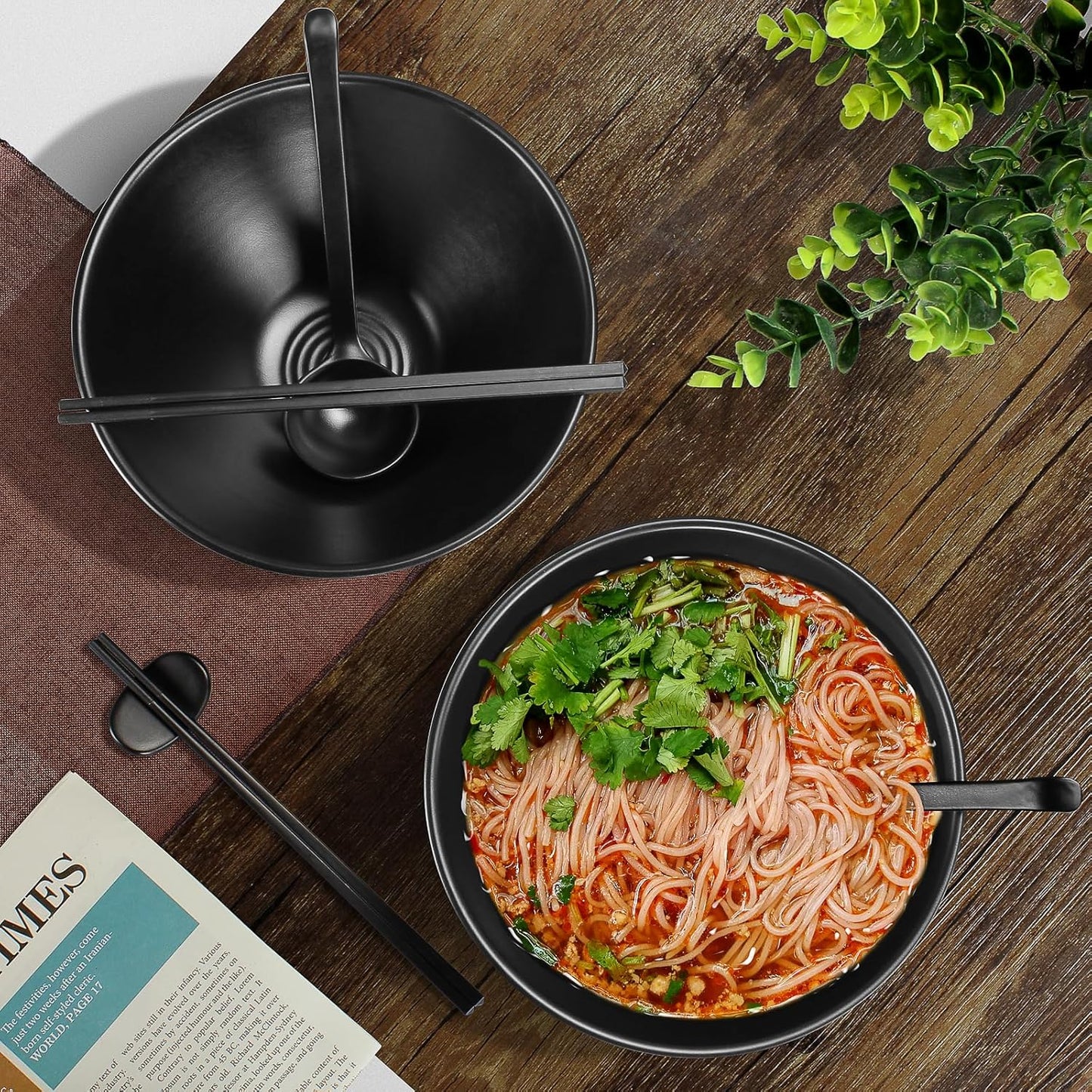 Set 2 Cuencos Ramen Melamina 12 Pzas Palillos Cucharas Soportes
