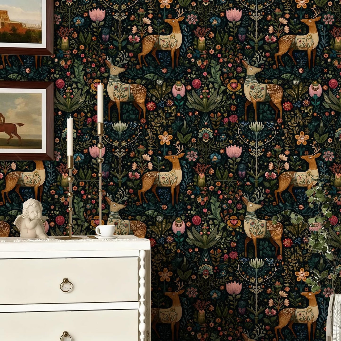 Papel tapiz ciervo florales mural autoadhesivo dormitorio