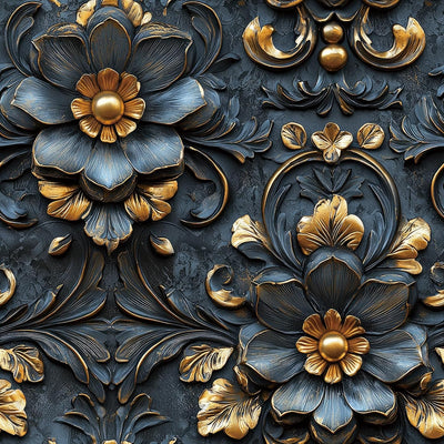Papel tapiz 3D floral azul dorado autoadhesivo para dormitorio