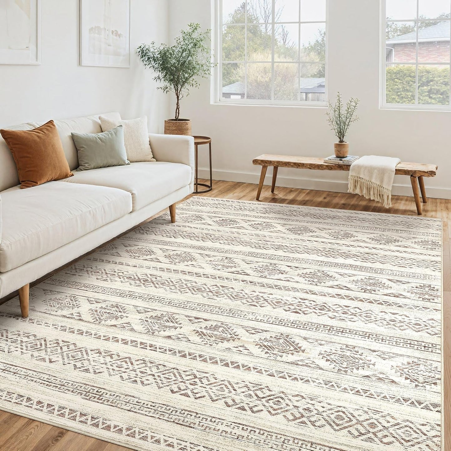 Alfombra sala 5x7ft lavable suave neutra bohemia marrón