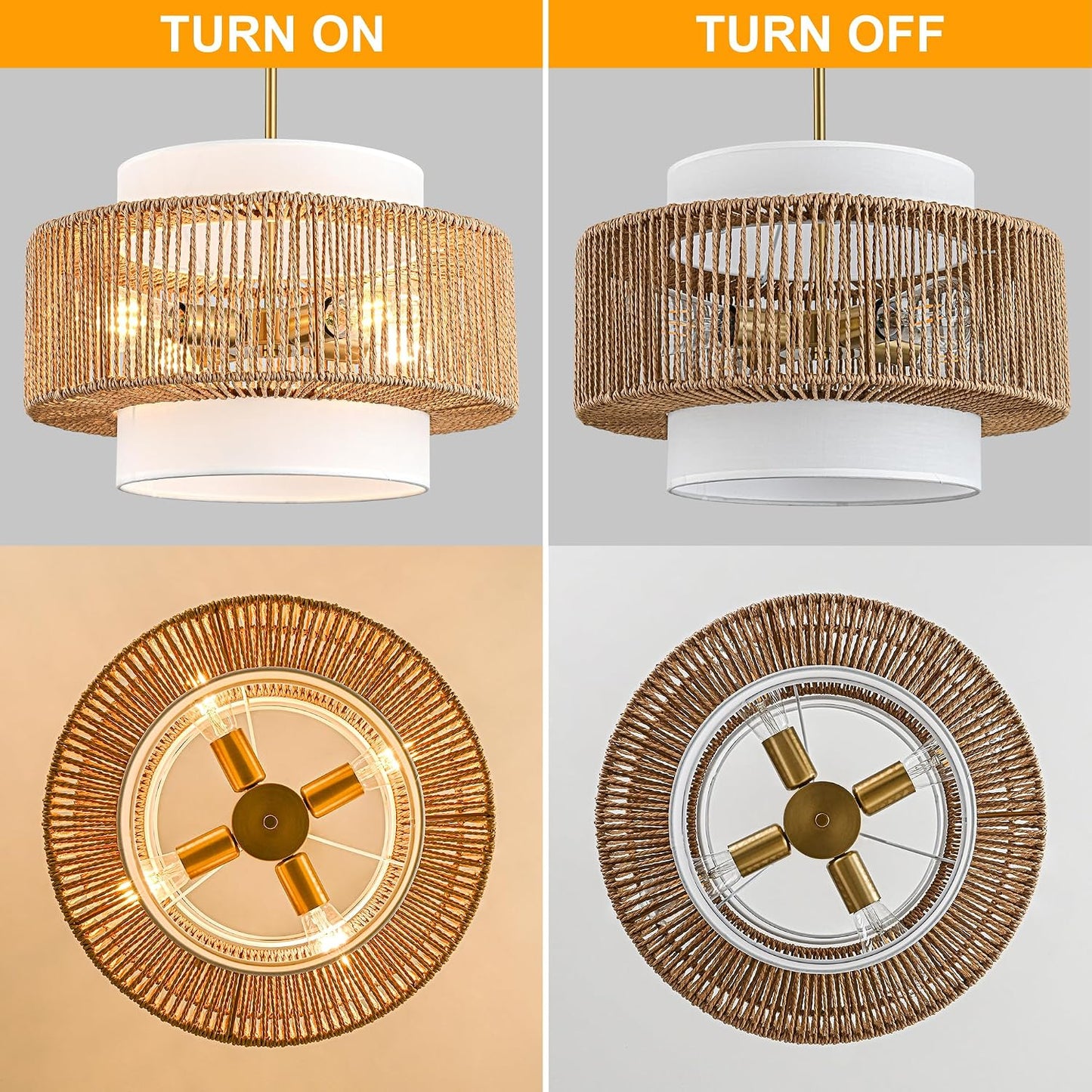 Lámpara colgante bohemia ratán 4 luces 17.7pulg