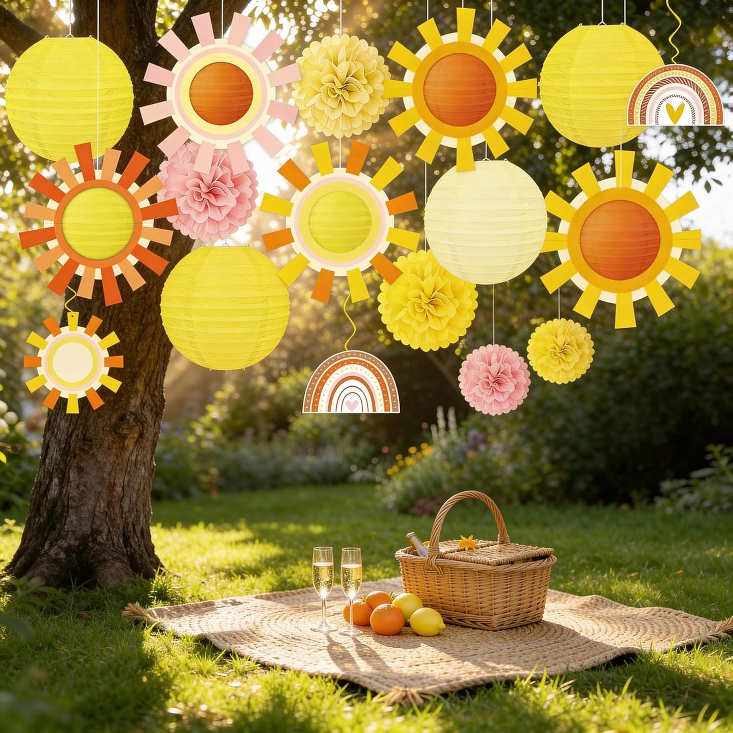 15 Linternas Papel Decoración Sol Pompones Colgantes