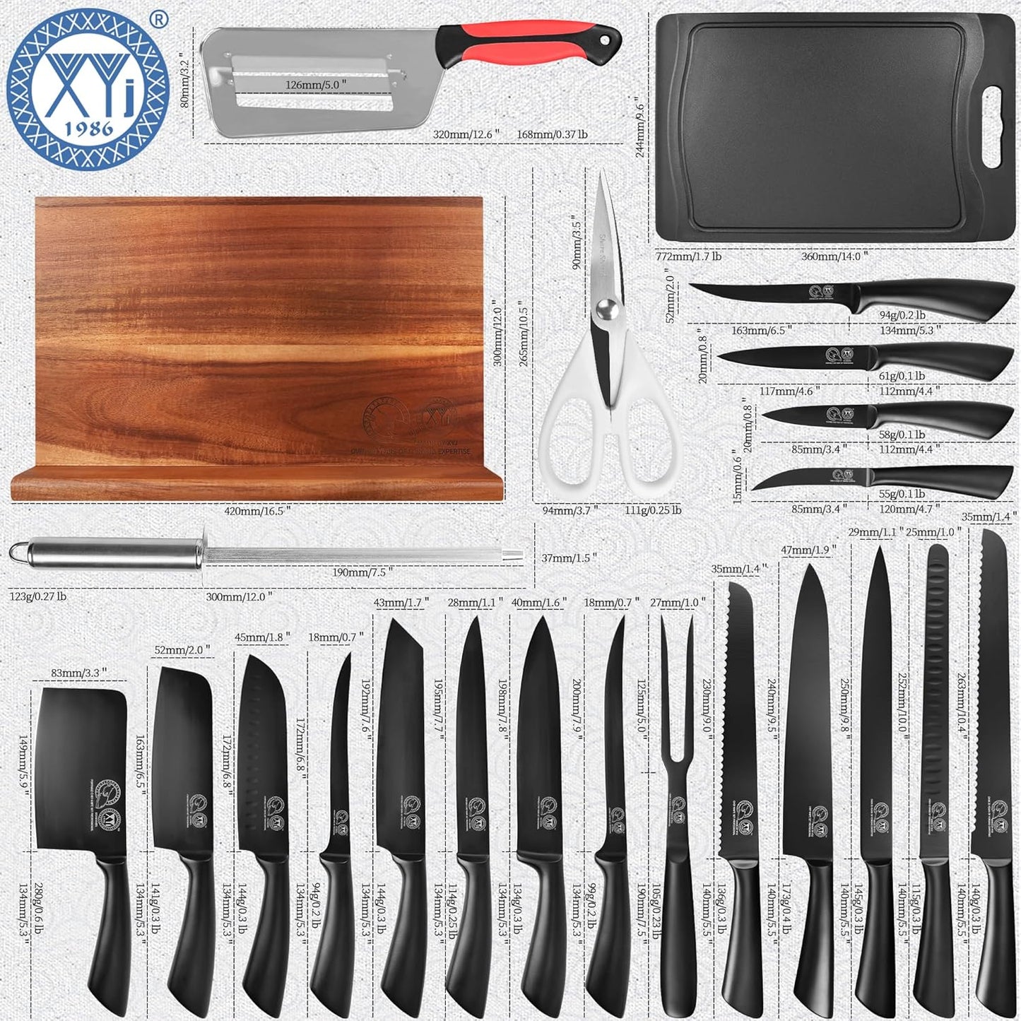 Set Cuchillos Chef Bloque Magnético Madera Tenedor Tabla Cortar