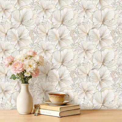 Papel tapiz neutro floral bohemio dorado crema