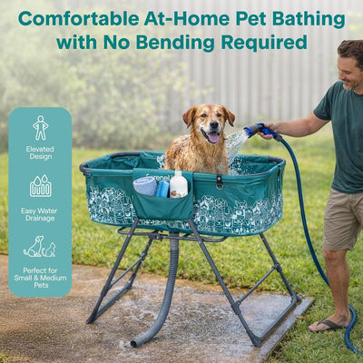 Bañera plegable perro ajustable 130lb con drenaje y bolsillos azul