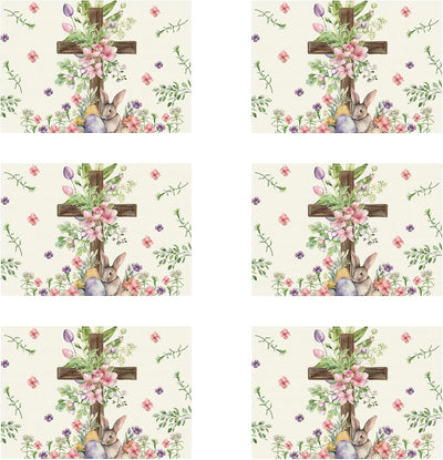 Juego de 6 manteles individuales de Pascua con diseño de conejo y flores