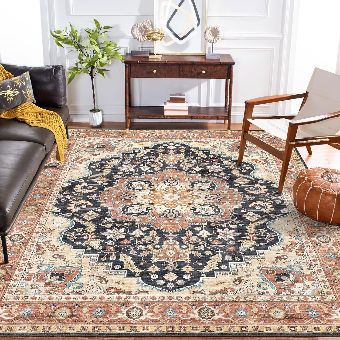 Alfombra bohemia sala 5x7ft lavable suave estilo vintage