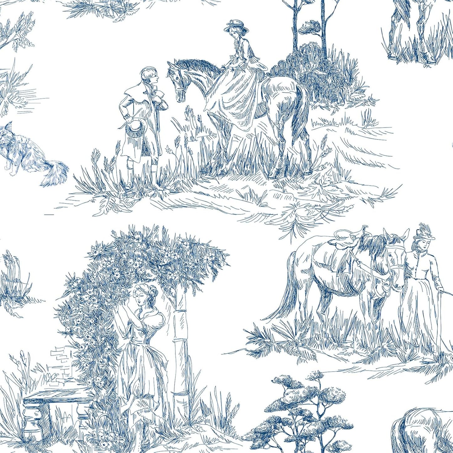 Papel Tapiz Toile de Jouy Azul Blanco Figuras Pastorales Vintage