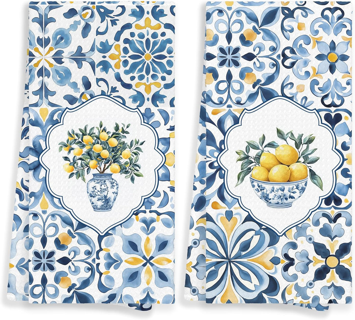 Toallas de cocina y baño Amalfi Coast con diseño mediterráneo azul y blanco 16x24in set de 2