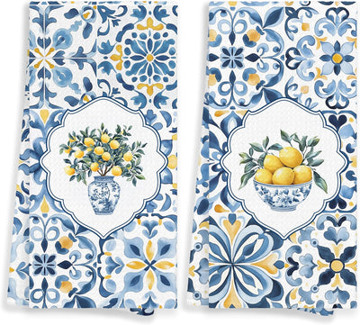 Toallas de cocina y baño Amalfi Coast con diseño mediterráneo azul y blanco 16x24in set de 2