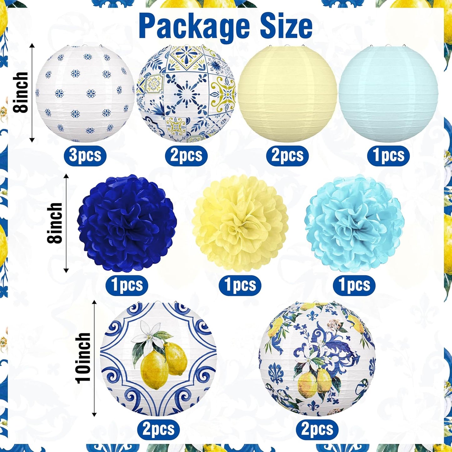15 Linternas Papel Limón Fiesta Amalfi Capri Amarillo Azul