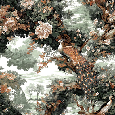 Papel tapiz chinoiserie floral vintage extraíble color verde salvia