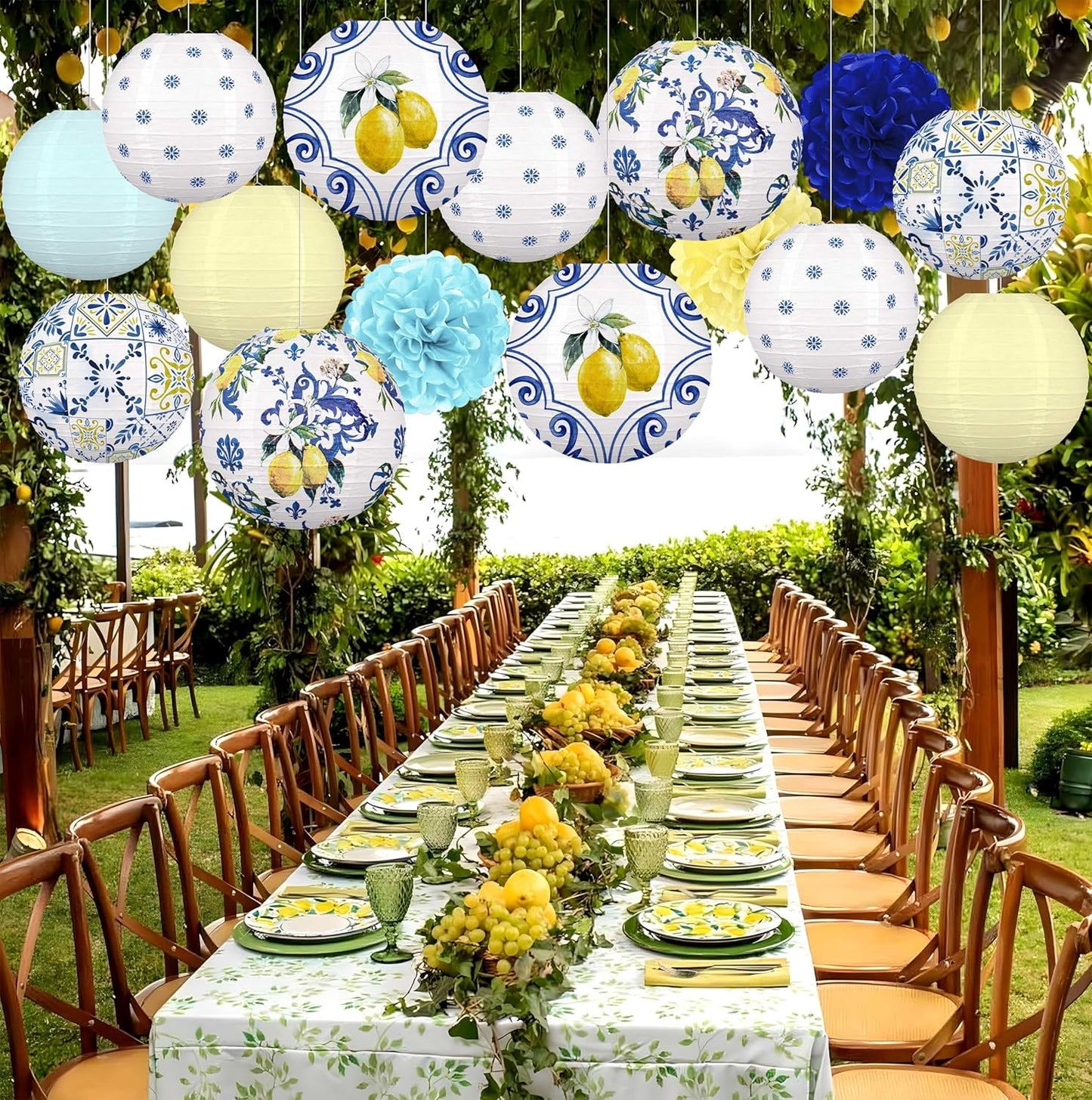 15 Linternas Papel Limón Fiesta Amalfi Capri Amarillo Azul