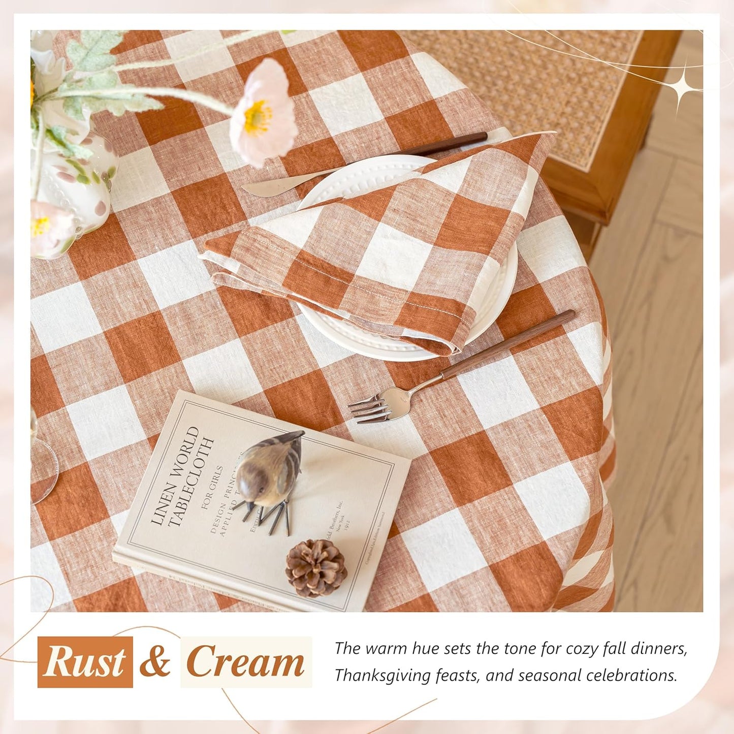 Set 5 servilletas y manteles gingham rust checkered 90x20pulg