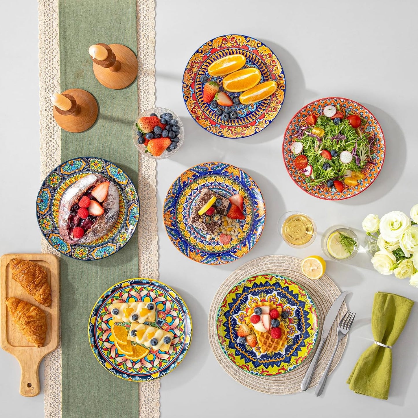 Set 6 Platos Postre Bohemios Cuencos Porcelana 32oz