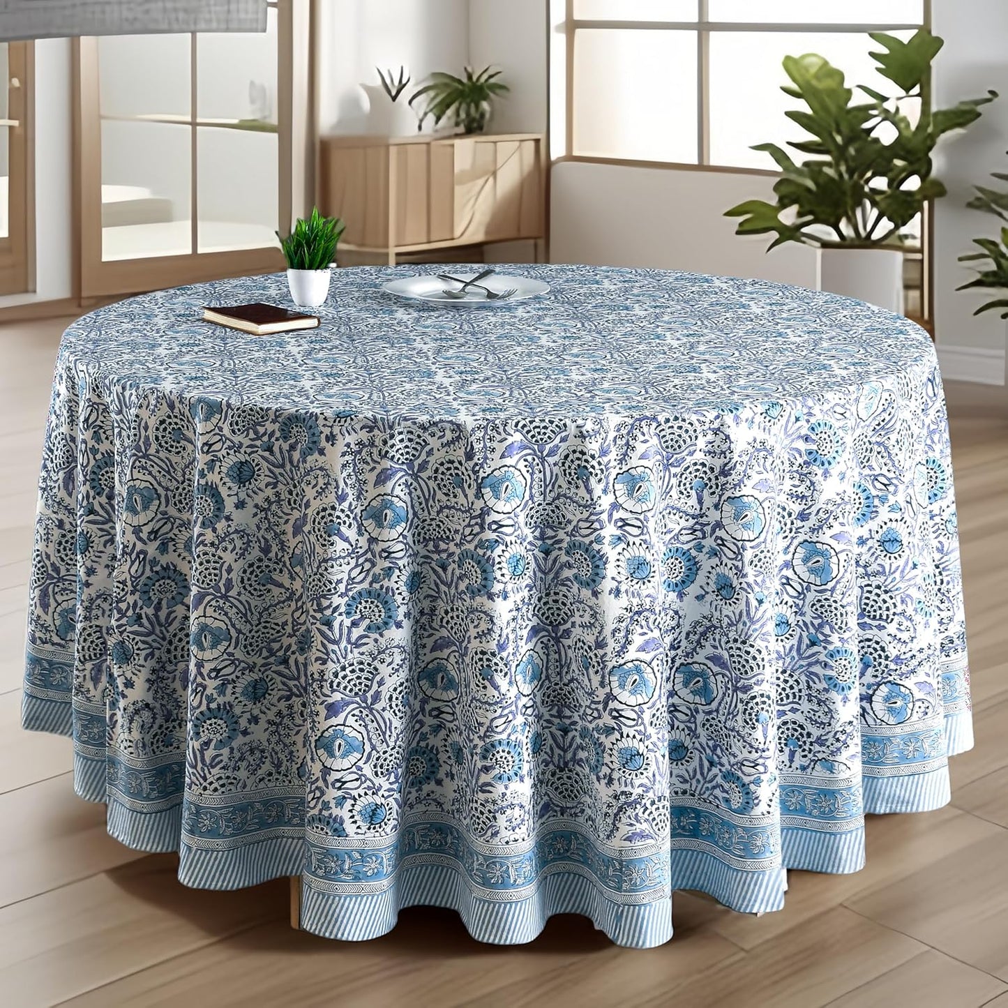 Set 2 Manteles Redondos Algodón Estampado Azul Índigo